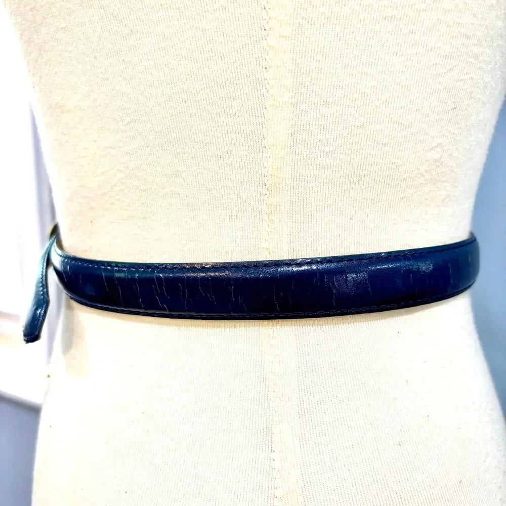 Vintage Navy Blue Leather Skinny Belt Gold Buckle Quiet Luxury L